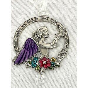 Grandma Angel Ornament With Purple Wings & Colorful Flowers - "You Give My Heart